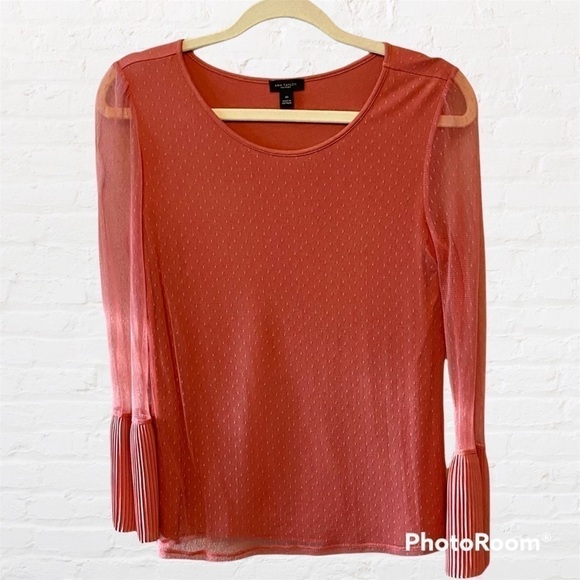 ANN TAYLOR Factory Lined Pumpkin Top with Sheer Dotted Sleeves & Pleated Cuffs - Picture 10 of 13